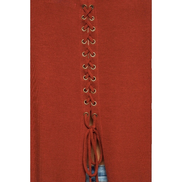 Lace up Back Knit Top With Suede Elbow Patch Rust - Picture 2 of 7